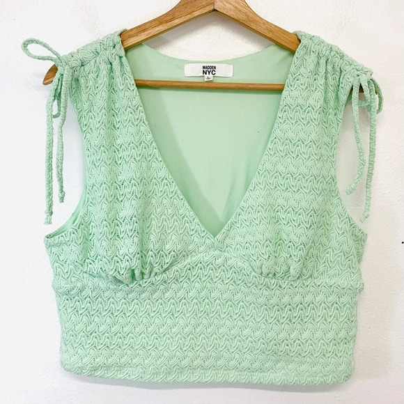 Madden Nyc Tops - Madden NY Babydoll Crochet Lace Crop Top Woman Large Mint Green Knit Stretch Y2K